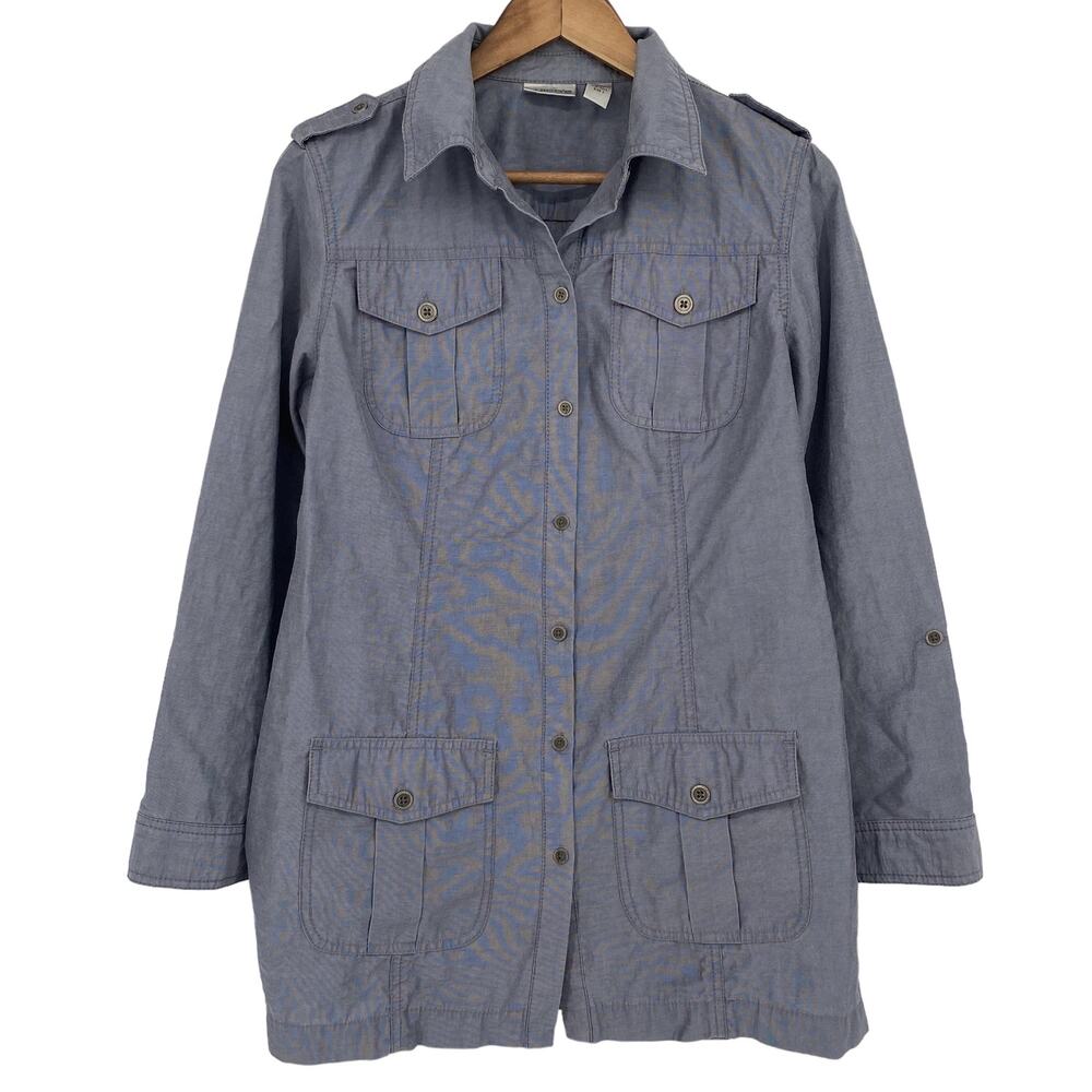 CHICO'S Chambray Blue Button Down Utility Shacket Shirt Size Small Relaxed Fit